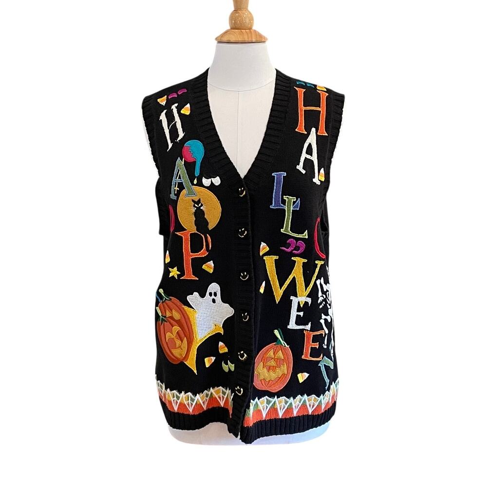 Vintage Tiara International Happy Halloween Sweater Vest, Pumpkins, L, 2001